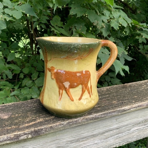Antique Primitive Stoneware Pitcher Cow Grazing